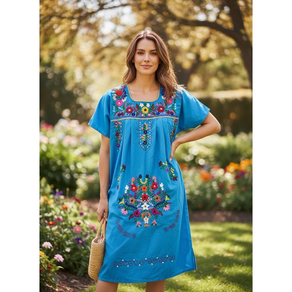 Mexican Huipil Embroidered Cotton Dress Oaxaca Folk Boho Turquoise